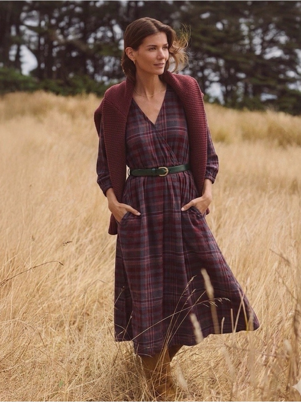 Pact Fireside Flannel Crossover Faux Wrap Midi Dress in Burgundy Size XS - Picture 5 of 12